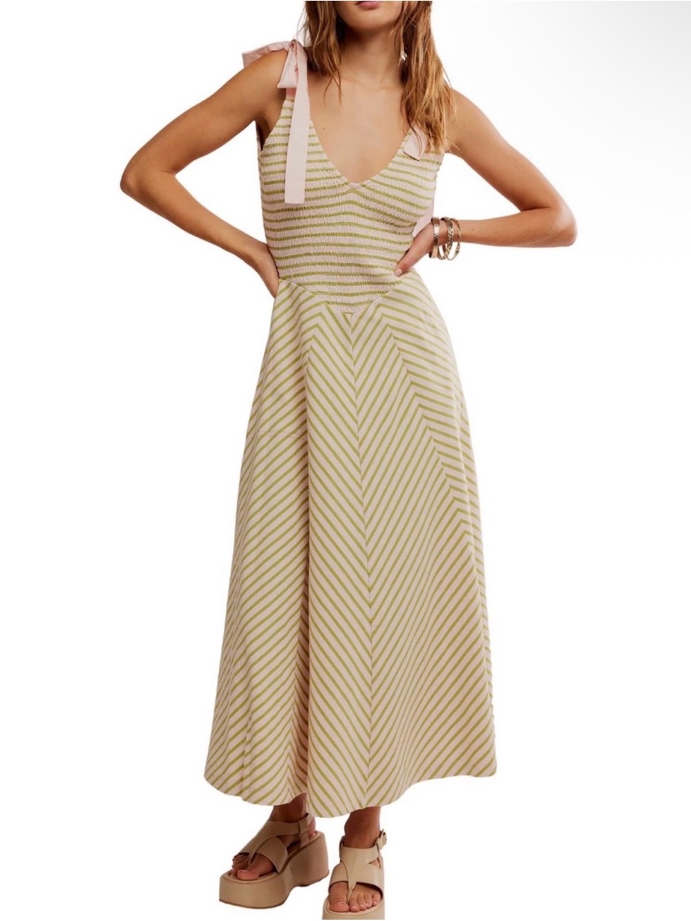 Free People Striped V-Neck Maxi Dress in Cream and Light Green with Tie Straps